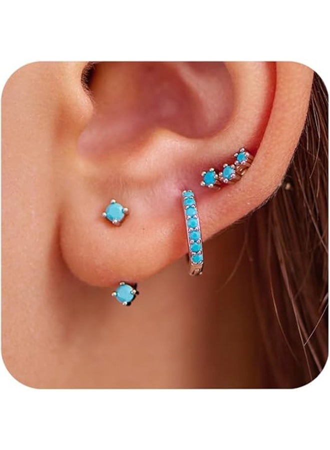 ليمون طقم أقراط دائرية صغيرة من 3 أزواج، مرصعة بأحجار الزركونيا المكعبة الفيروزية، مع غضروف للأذن للنساء. - Image 2