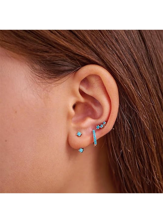 ليمون طقم أقراط دائرية صغيرة من 3 أزواج، مرصعة بأحجار الزركونيا المكعبة الفيروزية، مع غضروف للأذن للنساء. - Image 4