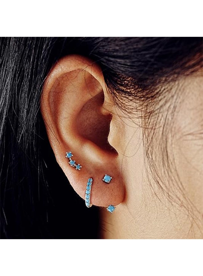 ليمون طقم أقراط دائرية صغيرة من 3 أزواج، مرصعة بأحجار الزركونيا المكعبة الفيروزية، مع غضروف للأذن للنساء. - Image 3