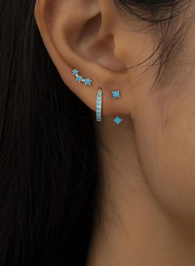 ليمون طقم أقراط دائرية صغيرة من 3 أزواج، مرصعة بأحجار الزركونيا المكعبة الفيروزية، مع غضروف للأذن للنساء. - Image 1