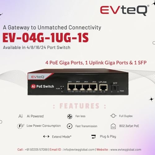 EvteQ EV-04G-1UG-1S | 4-Port Gigabit PoE Switch with 1 Gigabit Uplink & 1 SFP Slot | 802.3af/at | AI Watchdog | VLAN | Metal Body | 6KV Lightning Protection - Image 2