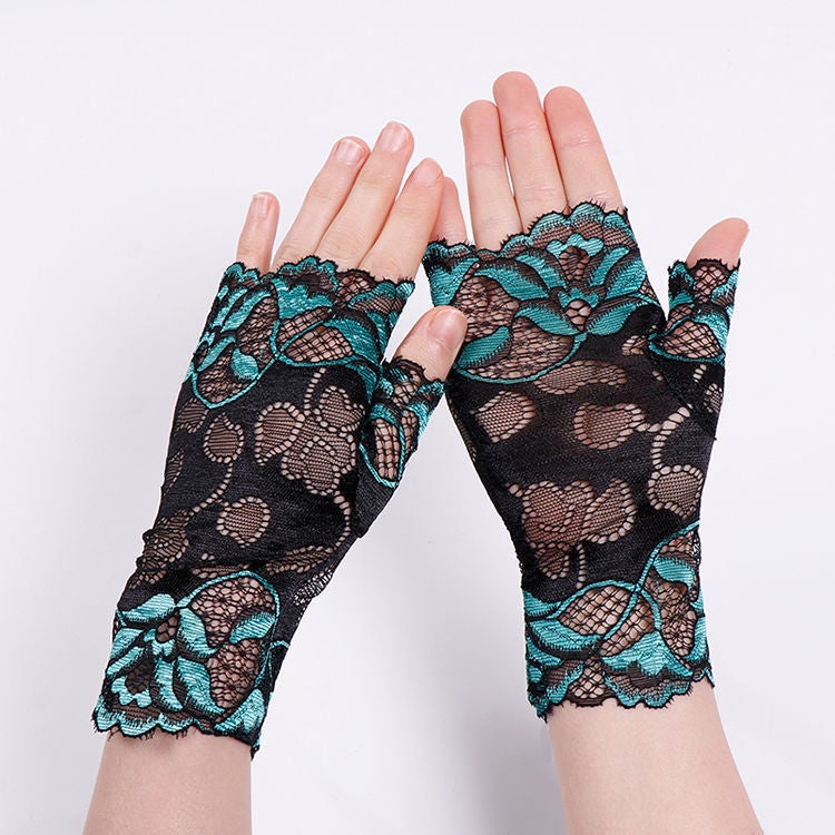 Summer short sun protection gloves for Women summer Korean style lace thin sun protection driving breathable ultra-thin gloves for women Wholesale T003 Lake Green