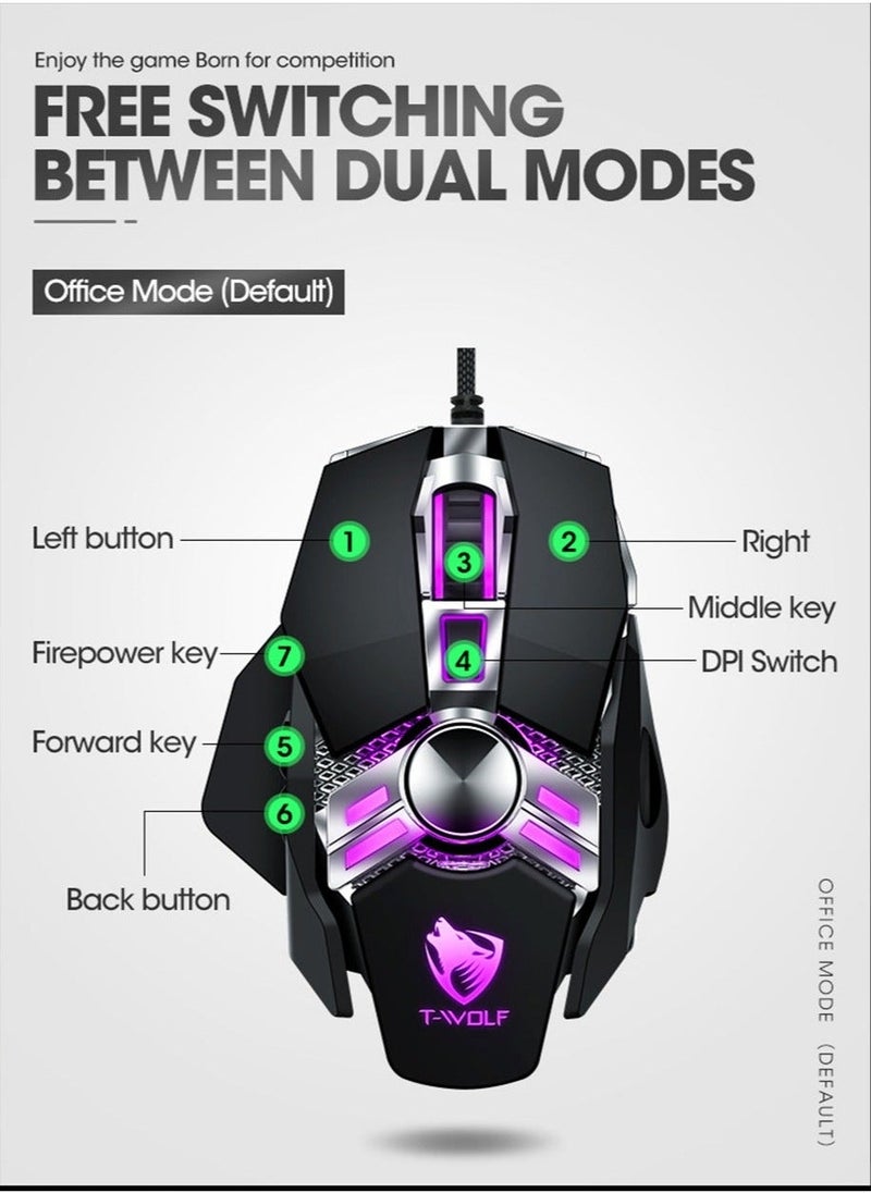 T-WOLF - Essential Gaming Mouse: RGB Spectrum Backlit Ergonomic Mouse - 5 Programmable Buttons - Mechanical Switches - Backlight Modes up to 6400 DPI for Windows PC Gamers - Image 1