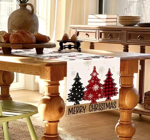 Moira Christmas Table Runners, 13.8 inch X 70.8 inch, Cotton Jute Material, Christmas Decoration, Machine Washable (Merry Christmas Trees) - Image 1