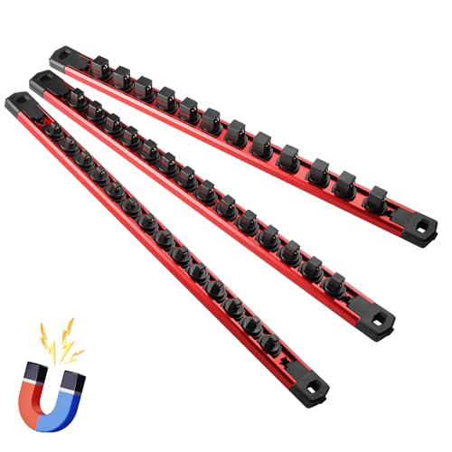 Reniteco Magnetic Socket Organizer Set, 3-Piece 1/2" 3/8" 1/4" Drive Aluminum Alloy Socket Holder with 40PC 360° Swivel Removable Clips, Magnetic Socket Rail for Tool Box Drawer, Red - Image 1