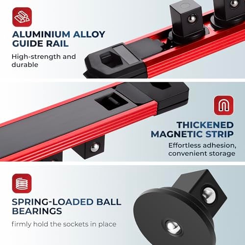 Reniteco Magnetic Socket Organizer Set, 3-Piece 1/2" 3/8" 1/4" Drive Aluminum Alloy Socket Holder with 40PC 360° Swivel Removable Clips, Magnetic Socket Rail for Tool Box Drawer, Red - Image 2