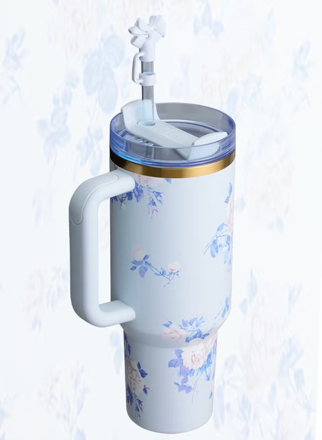 Stanley Love Shack Fancy H2.0 Flow State 40oz Blue Rose Tumbler, Stainless Steel Vacuum Insulated Quencher with Lid, Straw, and Stopper, Ideal for Water and Iced Tea, Keeps Drinks Cold,