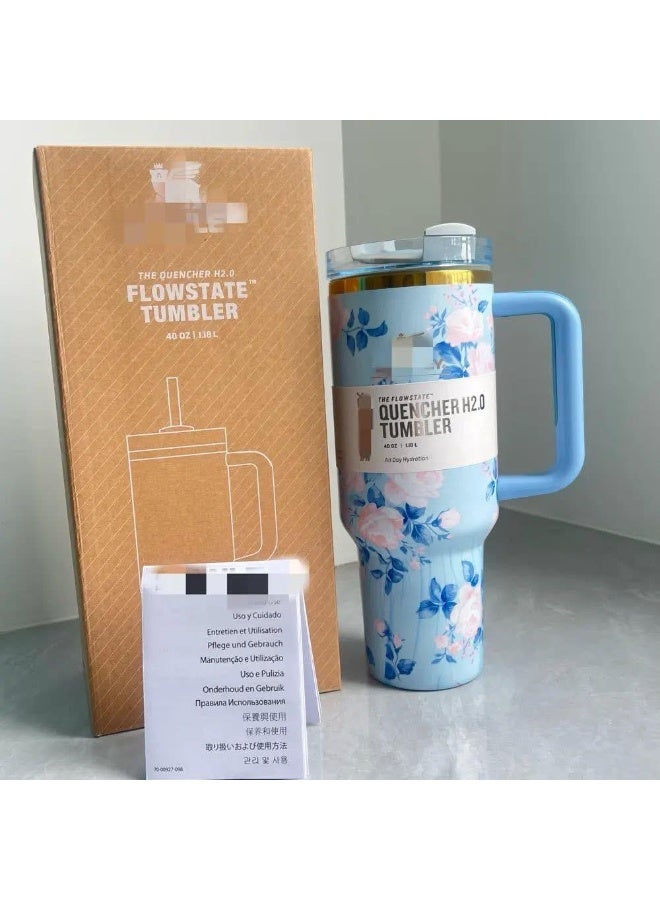 Stanley Love Shack Fancy H2.0 Flow State 40oz Blue Rose Tumbler, Stainless Steel Vacuum Insulated Quencher with Lid, Straw, and Stopper, Ideal for Water and Iced Tea, Keeps Drinks Cold,