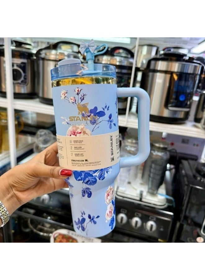 Stanley Love Shack Fancy H2.0 Flow State 40oz Blue Rose Tumbler, Stainless Steel Vacuum Insulated Quencher with Lid, Straw, and Stopper, Ideal for Water and Iced Tea, Keeps Drinks Cold,