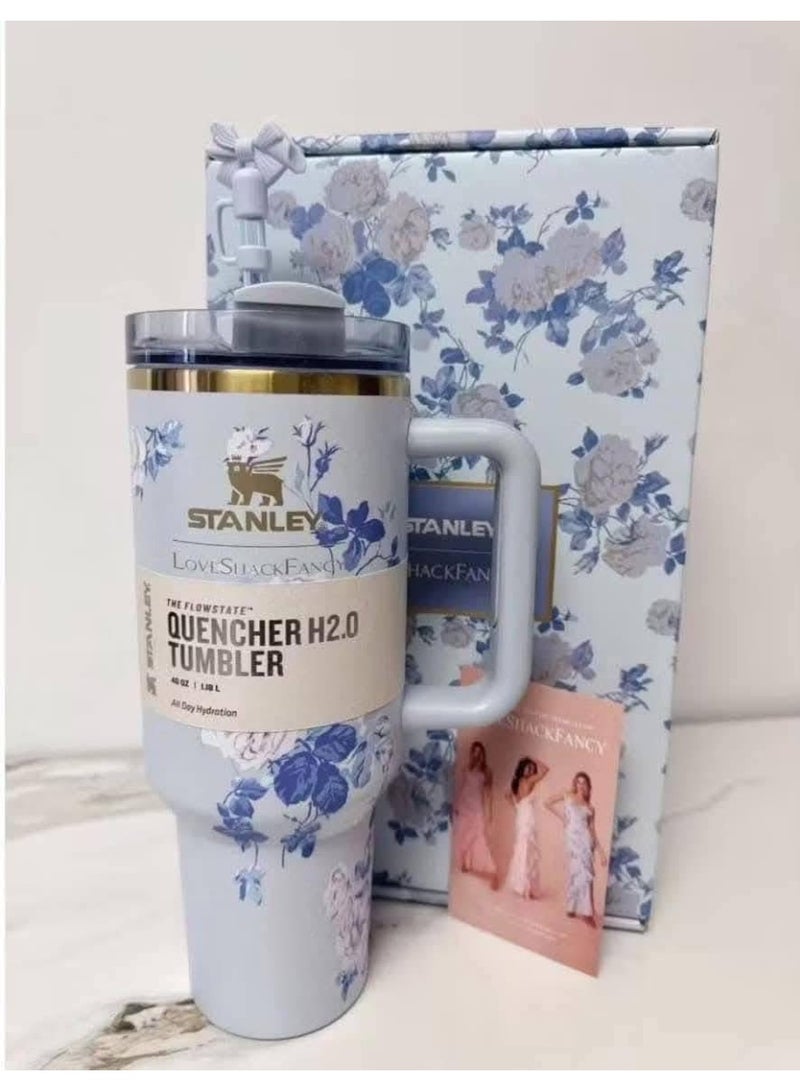 Stanley Love Shack Fancy H2.0 Flow State 40oz Blue Rose Tumbler, Stainless Steel Vacuum Insulated Quencher with Lid, Straw, and Stopper, Ideal for Water and Iced Tea, Keeps Drinks Cold,