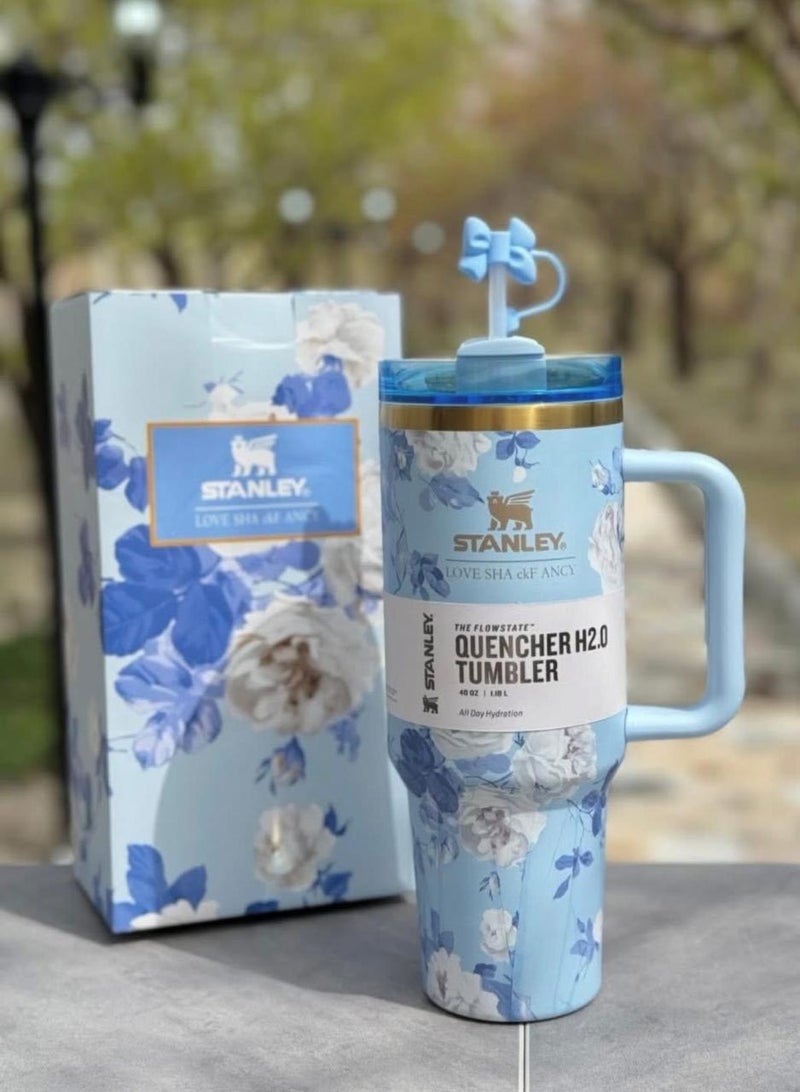 Stanley Love Shack Fancy H2.0 Flow State 40oz Blue Rose Tumbler, Stainless Steel Vacuum Insulated Quencher with Lid, Straw, and Stopper, Ideal for Water and Iced Tea, Keeps Drinks Cold,