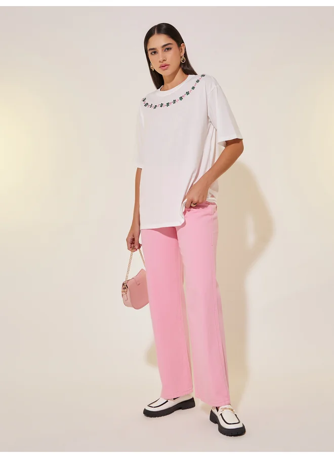 Take Two Take Two Floral Embroidery Detail Short Sleeves T-Shirt