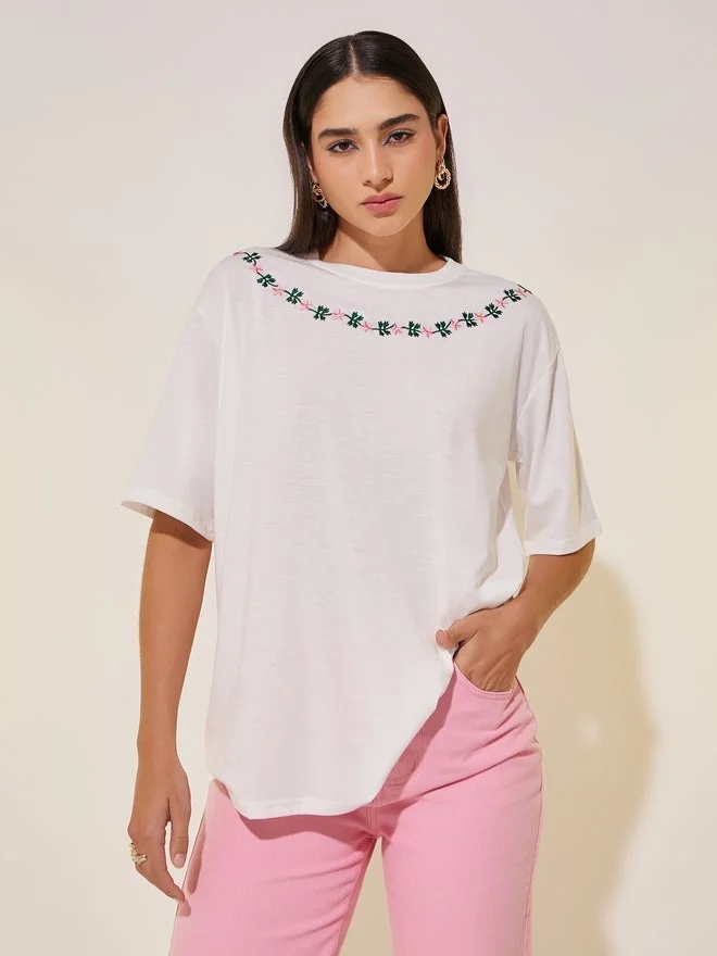 Take Two Floral Embroidery Detail Short Sleeves T-Shirt