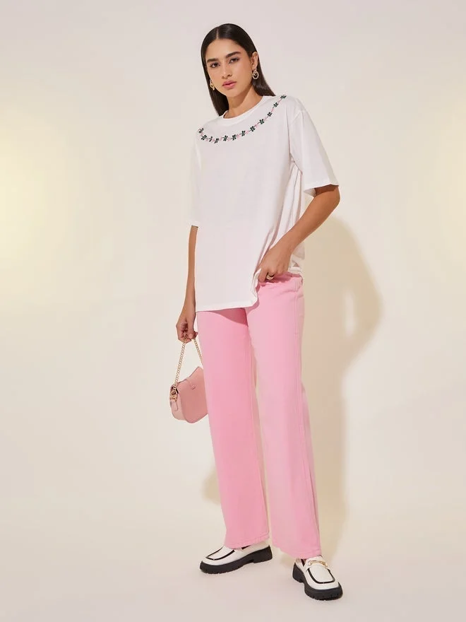 Take Two Floral Embroidery Detail Short Sleeves T-Shirt