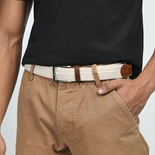 MaheTri Braided Canvas Stretchable Leather Belt, Premium Woven fabric Adjustable & Hole Free Belt for Men & Women (Black, Brown, Cream Black, Cream Brown) (cream Brown, 38"-40" Waist Adjustable) - Image 2