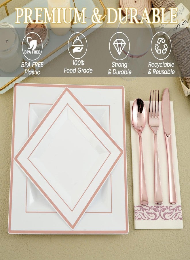FOCUSLINE 175 Count Rose Gold Dinnerware Set for 25 Guests - Square Plastic Plates with Rose Gold Rim, Includes 25 Disposable Dinner & Dessert Plates, Napkins, Cups, Cutlery Set for Wedding Parties - Image 5