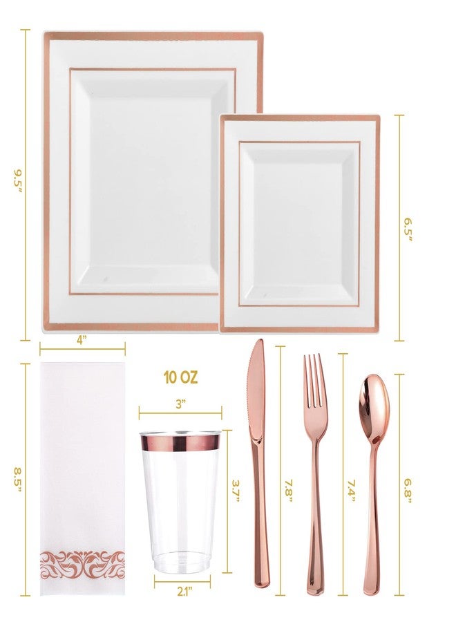 FOCUSLINE 175 Count Rose Gold Dinnerware Set for 25 Guests - Square Plastic Plates with Rose Gold Rim, Includes 25 Disposable Dinner & Dessert Plates, Napkins, Cups, Cutlery Set for Wedding Parties - Image 2