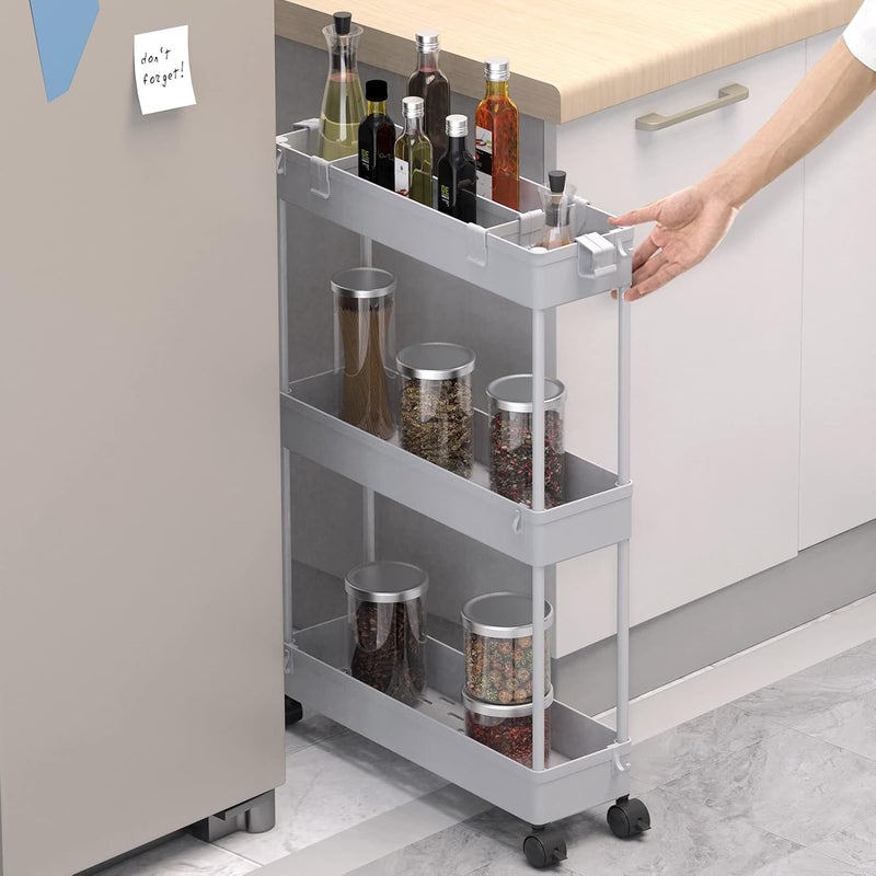 SPACELEAD SAKA Slim Storage Cart,3 Tier Bathroom Rolling Utility Cart Storage Organizer Slide Out Cart, Mobile Shelving Unit Organizer Trolley for Office Bathroom Kitchen Laundry Room Narrow Places, Grey - Image 2