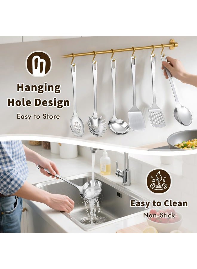 MemoGem 9 Pcs Cooking Utensils Set, Stainless Steel Kitchen Utensils, Heat Resistant Metal Kitchen Tools Include Solid & Slotted Turner Wok Spatula, Serving Spoon, Ladle, Pasta Server, Meat Fork, Tongs Silver - Image 5