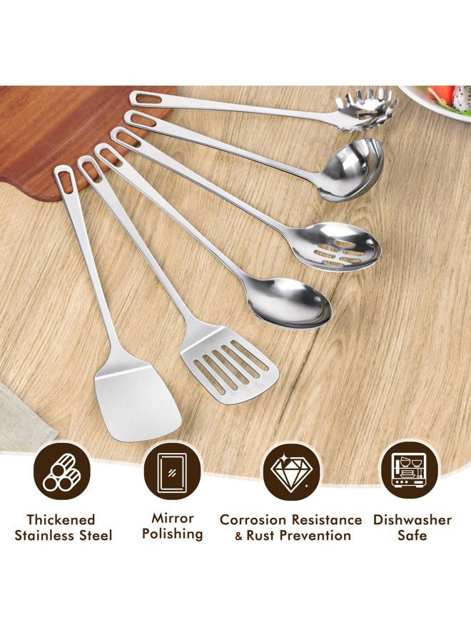 MemoGem 9 Pcs Cooking Utensils Set, Stainless Steel Kitchen Utensils, Heat Resistant Metal Kitchen Tools Include Solid & Slotted Turner Wok Spatula, Serving Spoon, Ladle, Pasta Server, Meat Fork, Tongs Silver - Image 2