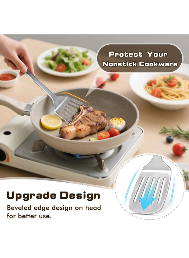 MemoGem 9 Pcs Cooking Utensils Set, Stainless Steel Kitchen Utensils, Heat Resistant Metal Kitchen Tools Include Solid & Slotted Turner Wok Spatula, Serving Spoon, Ladle, Pasta Server, Meat Fork, Tongs Silver - Image 4