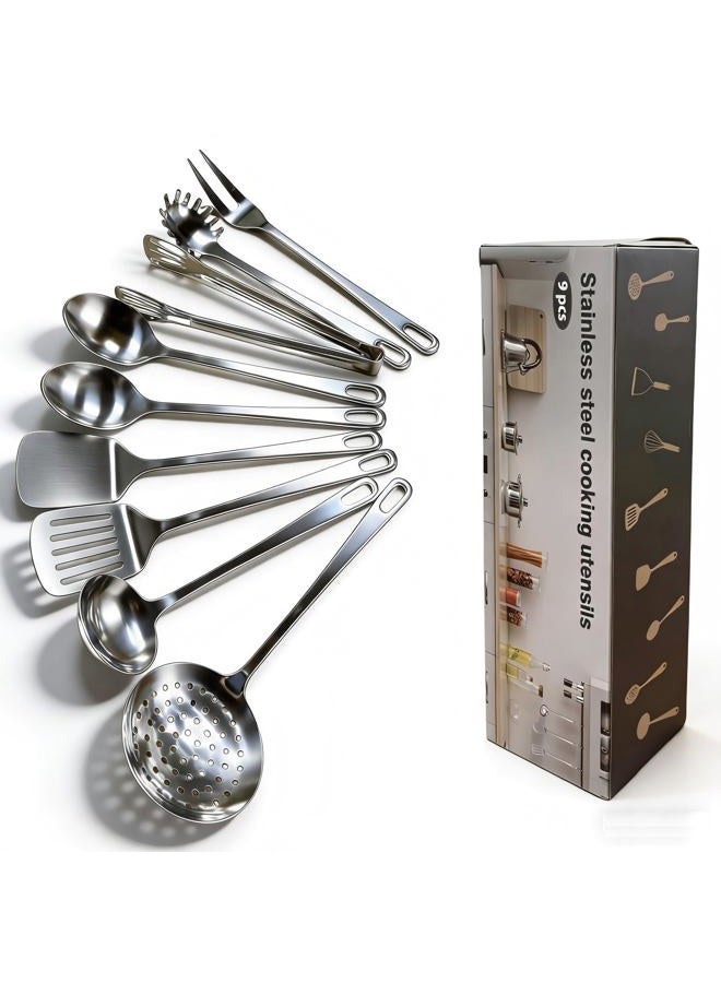 MemoGem 9 Pcs Cooking Utensils Set, Stainless Steel Kitchen Utensils, Heat Resistant Metal Kitchen Tools Include Solid & Slotted Turner Wok Spatula, Serving Spoon, Ladle, Pasta Server, Meat Fork, Tongs Silver - Image 1