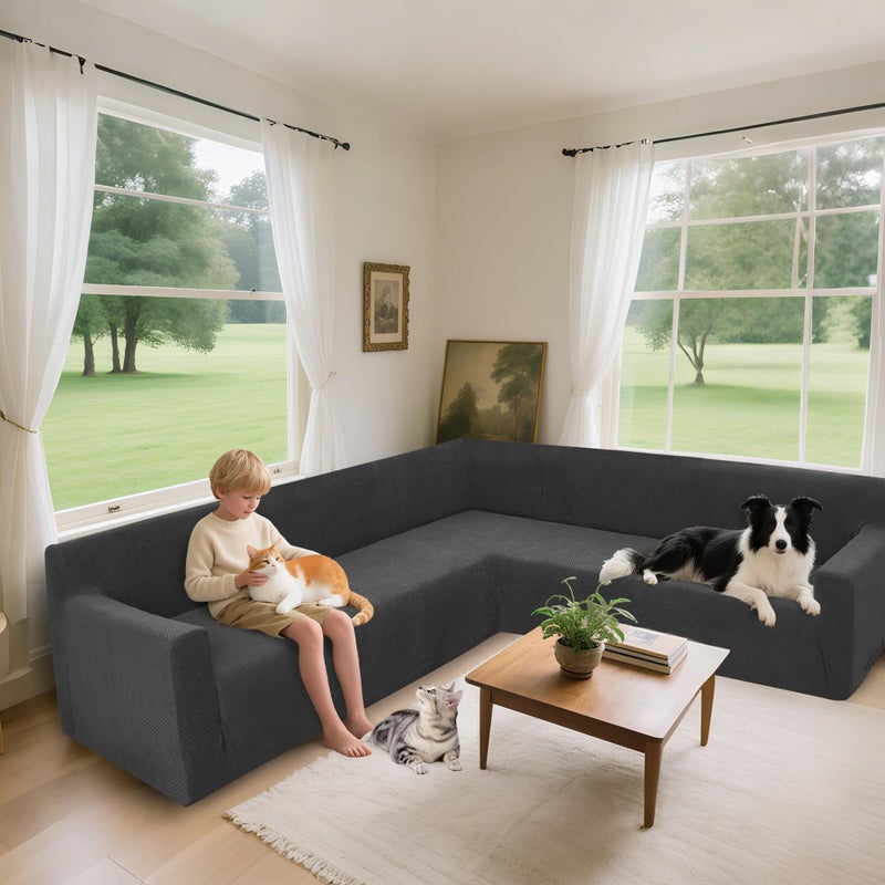 Arfntevss Stretch Sectional Couch Covers L Shaped Corner Sectional Sofa Cover Washable Jacquard Soft Fleece U Shape Sofa Slipcovers Anti Slip Furniture Protector for Dogs Pets (X-Large, Dark Gray) - Image 2