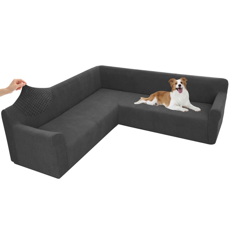Arfntevss Stretch Sectional Couch Covers L Shaped Corner Sectional Sofa Cover Washable Jacquard Soft Fleece U Shape Sofa Slipcovers Anti Slip Furniture Protector for Dogs Pets (X-Large, Dark Gray) - Image 1