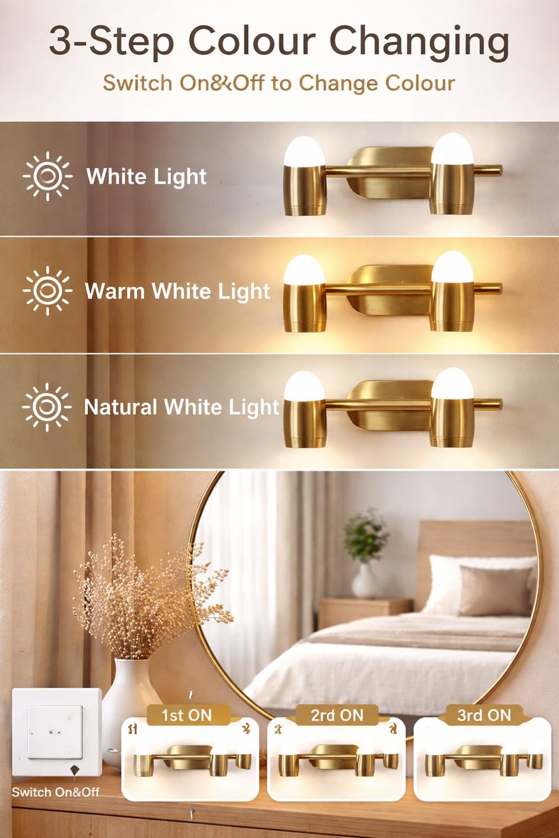 FILLISKA® 3 in 1 Double Wall spot/Picture/Display/Mirror Light with Adjustable Head and Colour Changing Function (Antique Gold-797)(1 Year Warranty) - Image 2