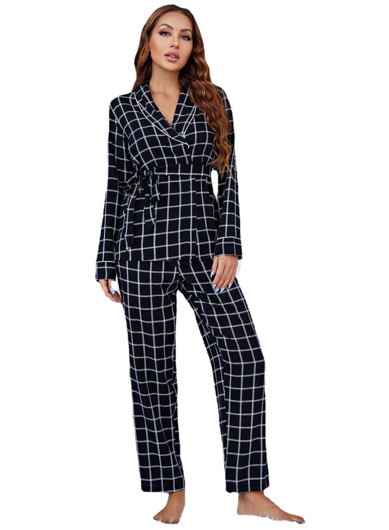 Loquat Women's Checked Pattern 2-Piece Set Pajamas Long Sleeve Top And Pants Soft Loungewear Nightgown Suit Leisure Wear Black - Image 1