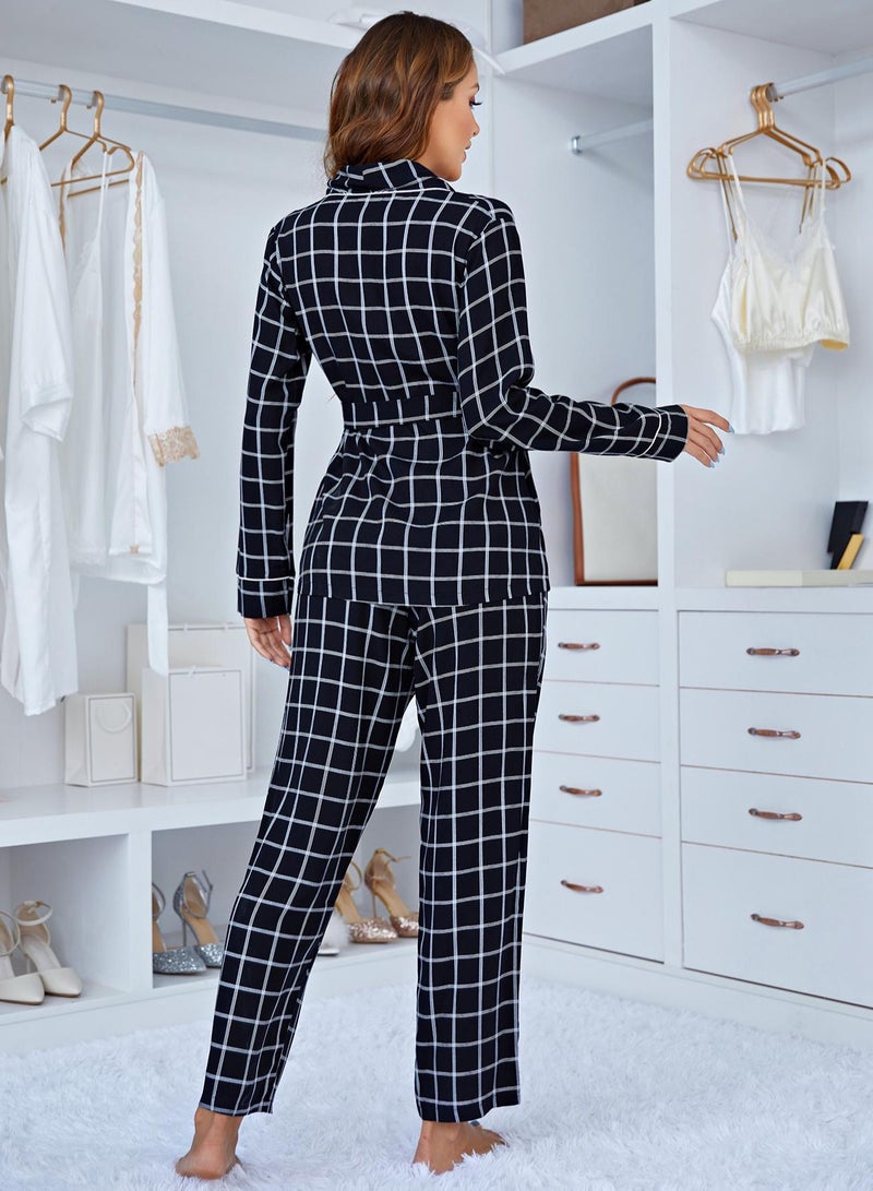 Loquat Women's Checked Pattern 2-Piece Set Pajamas Long Sleeve Top And Pants Soft Loungewear Nightgown Suit Leisure Wear Black - Image 3