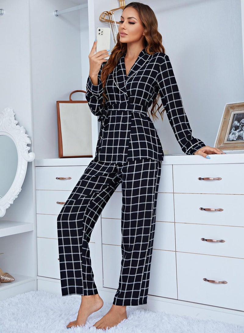 Loquat Women's Checked Pattern 2-Piece Set Pajamas Long Sleeve Top And Pants Soft Loungewear Nightgown Suit Leisure Wear Black - Image 2