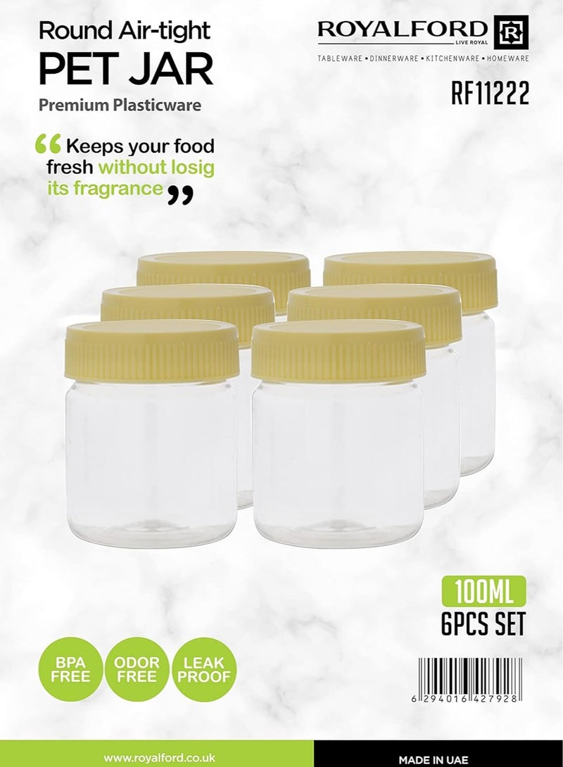 Raxoom 100 ML Round Airtight PET Jar RF11222 Set of 6 Storage Containers Transparent for Pulses, Cereals and Spices Canister Leak Proof Lid Clear Premium Quality - Assorted Lid Color - Image 3