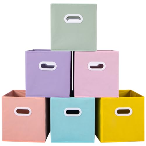 Stero Fabric Storage Cubes Bins, 11 inch Fun Colored Foldable Storage Baskets with Dual Plastic Handle for Home, Kids Room, Closet and Toys Organization, Multi Colored, Set of 6 - Image 1
