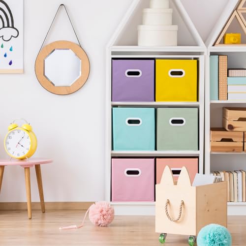 Stero Fabric Storage Cubes Bins, 11 inch Fun Colored Foldable Storage Baskets with Dual Plastic Handle for Home, Kids Room, Closet and Toys Organization, Multi Colored, Set of 6 - Image 4