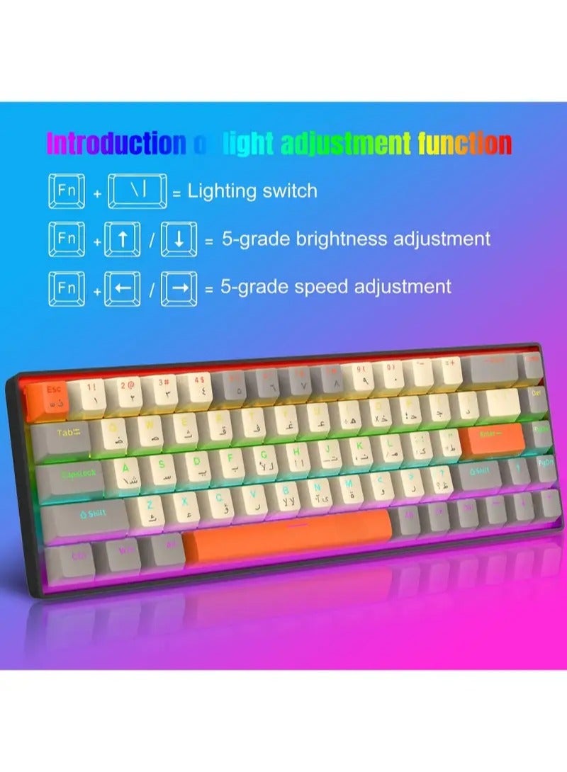 Captaintech POW Arabic English Portable 60% Mechanical Gaming Keyboard LED Backlit Compact 68 Keys Mini Wired Office Keyboard with Red Switch for Windows Laptop PC Mac - Image 2