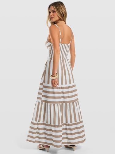 Caracilia Summer Maxi Dresses for Women Striped Spaghetti Strap V Neck A Line Casual Long Dress Beach Vacation Clothes White Khaki Stripe Small - Image 5