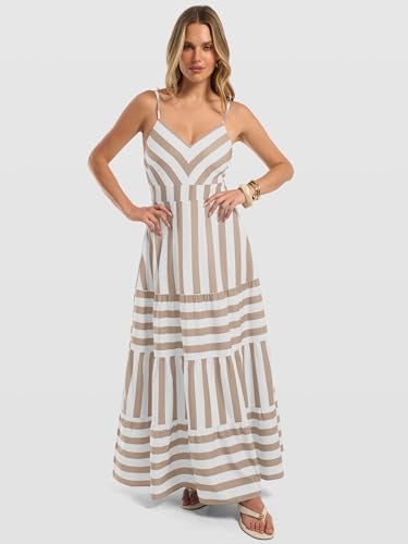 Caracilia Summer Maxi Dresses for Women Striped Spaghetti Strap V Neck A Line Casual Long Dress Beach Vacation Clothes White Khaki Stripe Small - Image 2