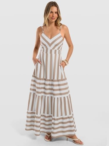 Caracilia Summer Maxi Dresses for Women Striped Spaghetti Strap V Neck A Line Casual Long Dress Beach Vacation Clothes White Khaki Stripe Small - Image 4
