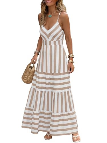 Caracilia Summer Maxi Dresses for Women Striped Spaghetti Strap V Neck A Line Casual Long Dress Beach Vacation Clothes White Khaki Stripe Small - Image 1