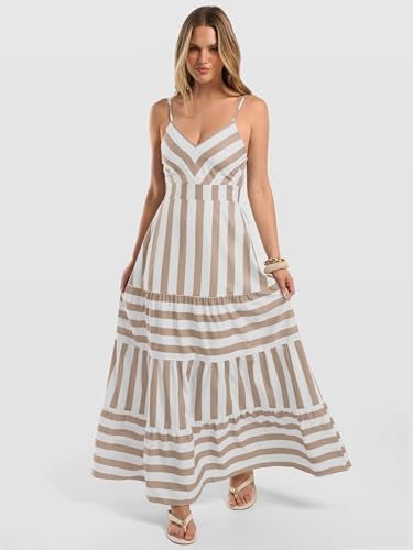 Caracilia Summer Maxi Dresses for Women Striped Spaghetti Strap V Neck A Line Casual Long Dress Beach Vacation Clothes White Khaki Stripe Small - Image 3