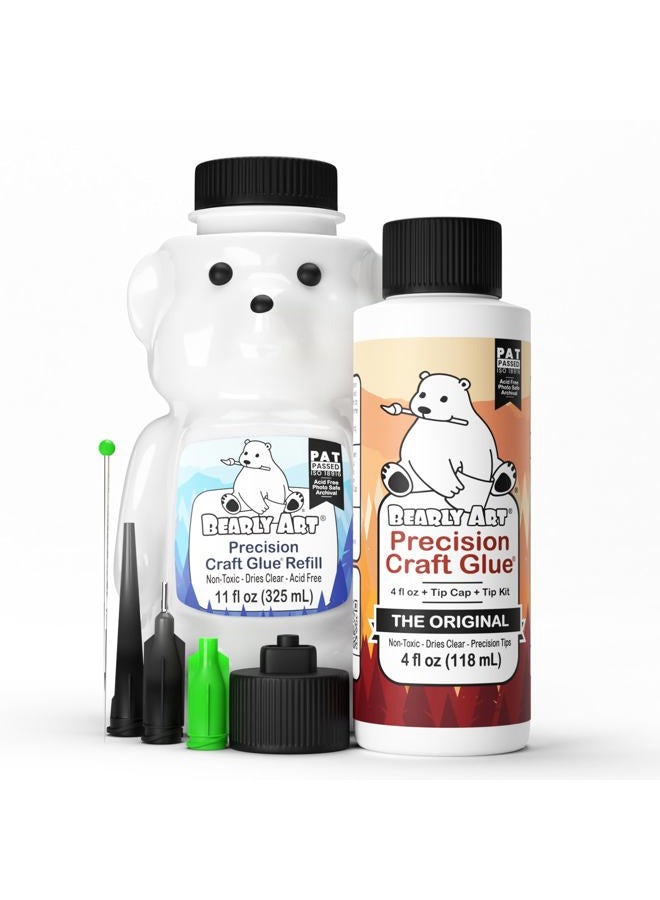 Bearly Art Precision Craft Glue -The Bundle - 4fl oz and 11fl oz Refill Bear - Tip Kit Included - Wrinkle Resistant - Flexible and Crack Resistant - Strong Hold Adhesive - Made in USA - Image 1