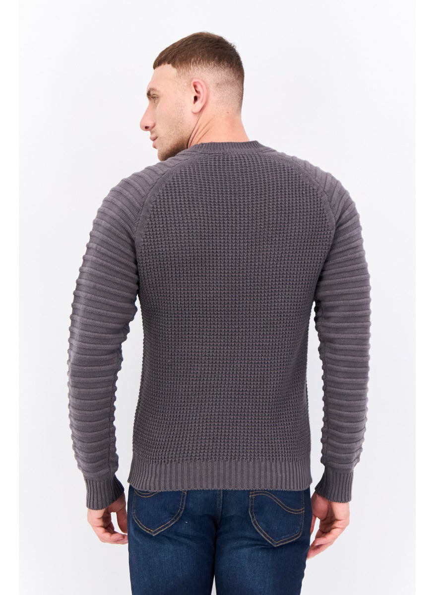 CROSSHATCH Men Crew Neck Long Sleeves Embroidered Logo Sweater, Charcoal Grey  - Image 3