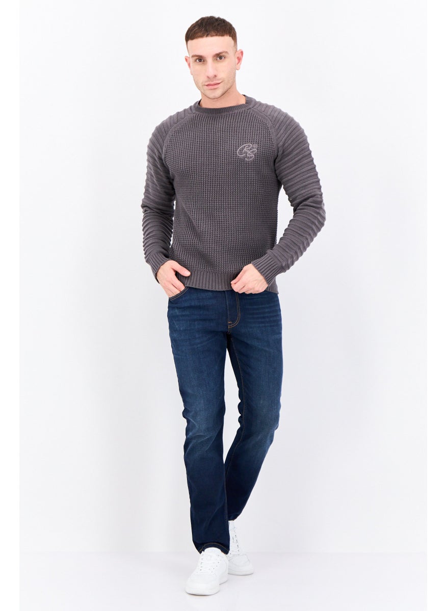 CROSSHATCH Men Crew Neck Long Sleeves Embroidered Logo Sweater, Charcoal Grey  - Image 4