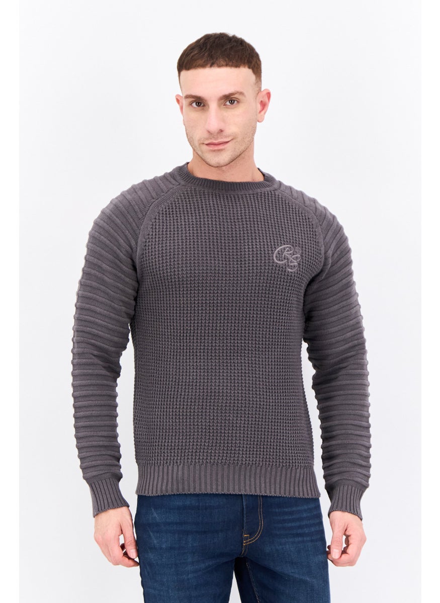 CROSSHATCH Men Crew Neck Long Sleeves Embroidered Logo Sweater, Charcoal Grey  - Image 1