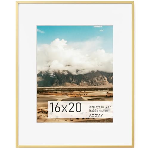 Acovy 16x20 Gold Frame, 16x20 Frame Matted to 11x14, Metal 16 x 20 Picture Frames For Wall,Aluminum 16 by 20 Poster Frame with HD Tempered Glass, Wall Hook Included (Gold, Pack of 1) - Image 1
