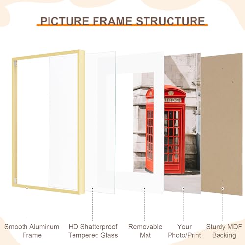 Acovy 16x20 Gold Frame, 16x20 Frame Matted to 11x14, Metal 16 x 20 Picture Frames For Wall,Aluminum 16 by 20 Poster Frame with HD Tempered Glass, Wall Hook Included (Gold, Pack of 1) - Image 4
