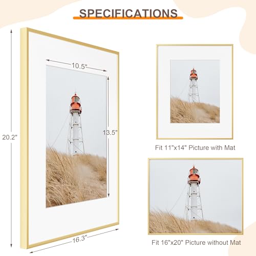Acovy 16x20 Gold Frame, 16x20 Frame Matted to 11x14, Metal 16 x 20 Picture Frames For Wall,Aluminum 16 by 20 Poster Frame with HD Tempered Glass, Wall Hook Included (Gold, Pack of 1) - Image 2