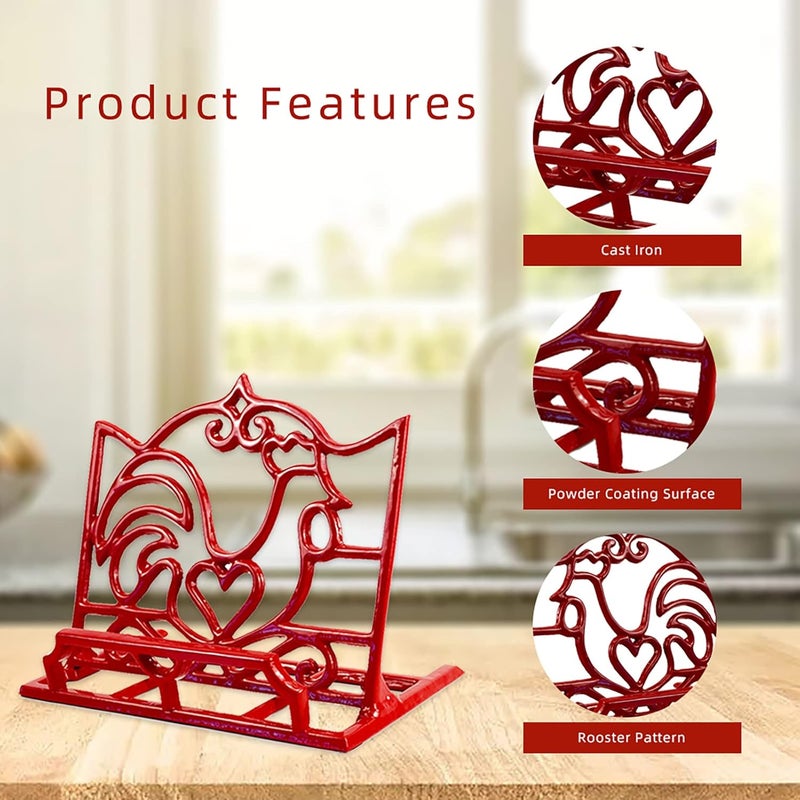 Minluful Cookbook Stand, Cast Iron Heavy-Duty Recipe Book Holder, Kitchen Vintage Recipe Book Holder, Reading Rest Holder for Easel/Counter/Books/Magazine/iPad/Bible, Red - Image 3