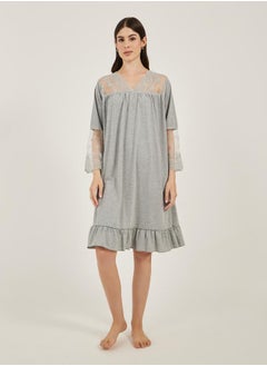 Styli Solid Ruffled Hem Nightdress with Lace Insert  - Image 1